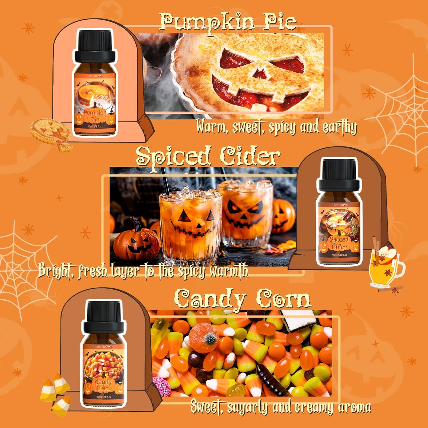 ARVIDSSON Halloween Fragrance Oils Set – Fall Diffuser Oils (Pumpkin Pie, Spiced Cider, Caramel Apple)