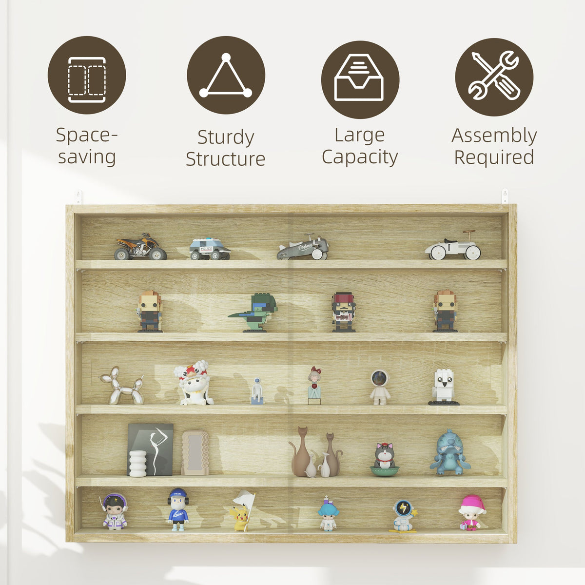 HOMCOM 5-Tier Wall Display Shelf Unit Cabinet w/ Shelves Glass Doors Oak