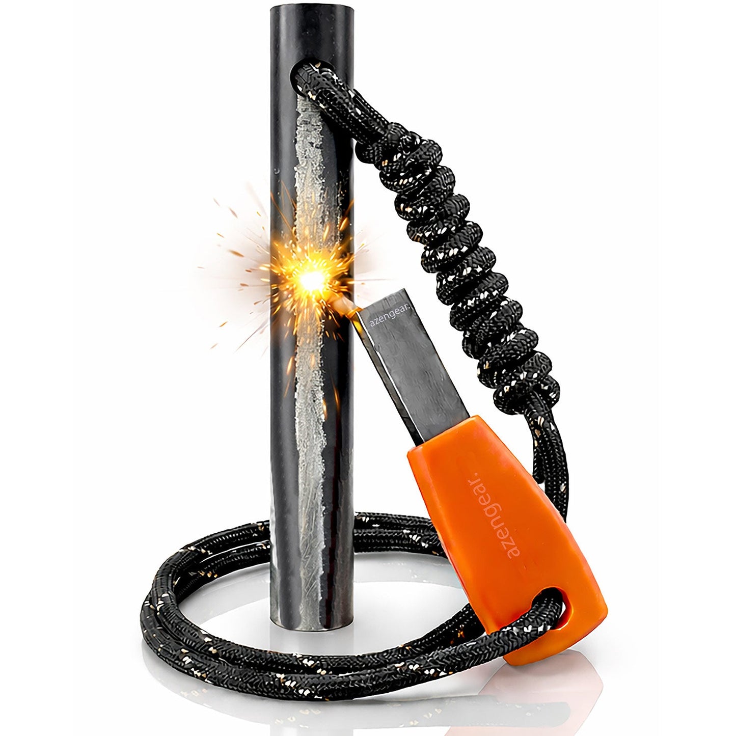 Ferro Rod Fire Starter Kit (10cm x ⌀1cm), Flint and Steel Striker, Fluorescent Paracord - 15,000 Strikes Firesteel Survival Tool for Hiking, Camping and Outdoor Emergency