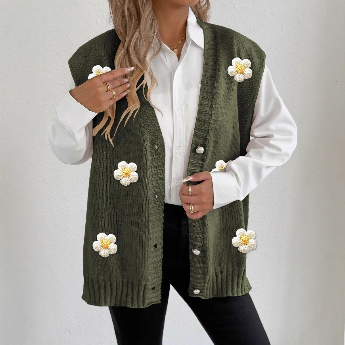 Women's Pearl Button Cardigan Crocheted Stitching Sweater Vest