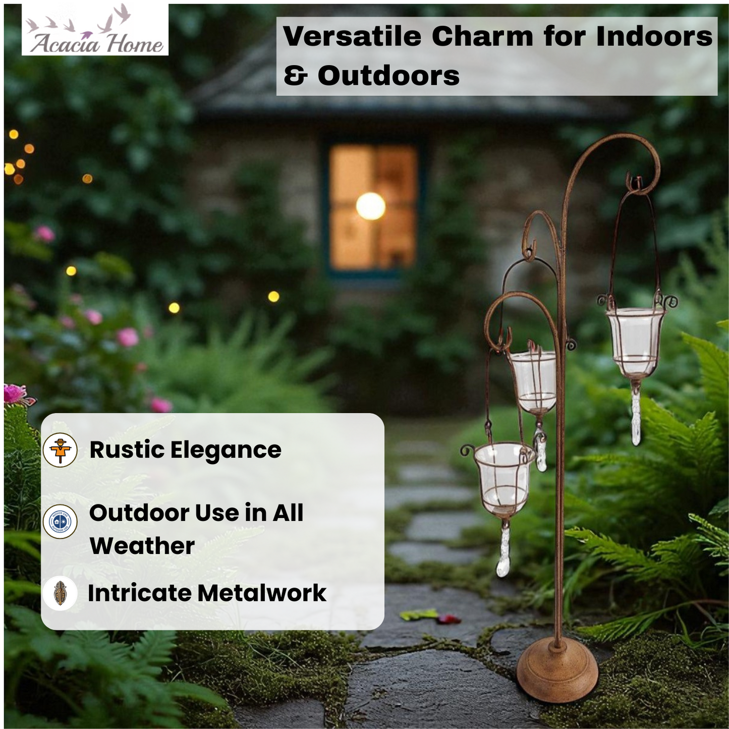 88CM RUSTY METAL CANDLER HOLDER WITH GLASS