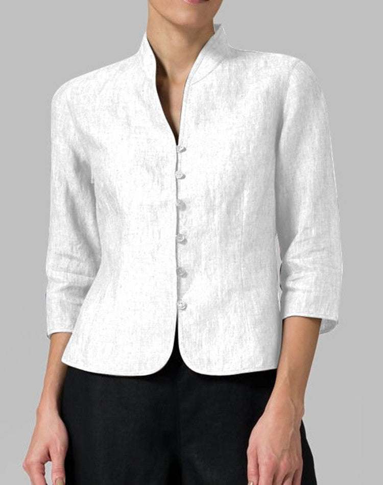 Slim Three-quarter Sleeve Button Jacket INS Fashion V-neck Stand Collar Outwear Tops Solid Color Clothing For Women