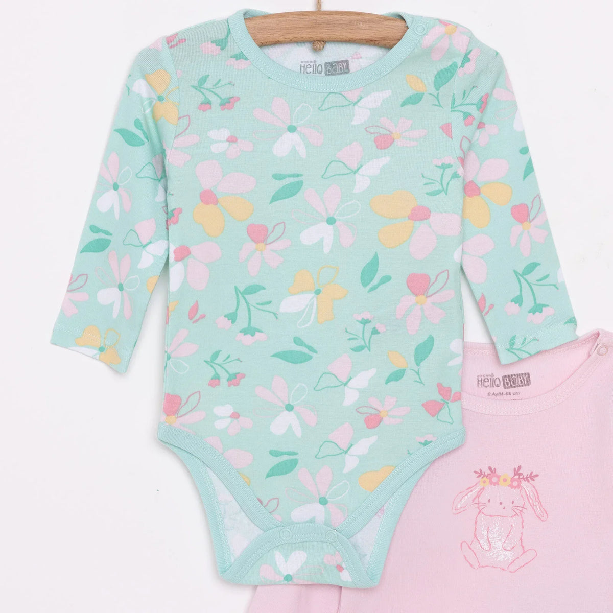 HelloBaby 2 Pack Floral & Bunny Print Long Sleeve Baby Bodysuits (3 Months to 3 Years)