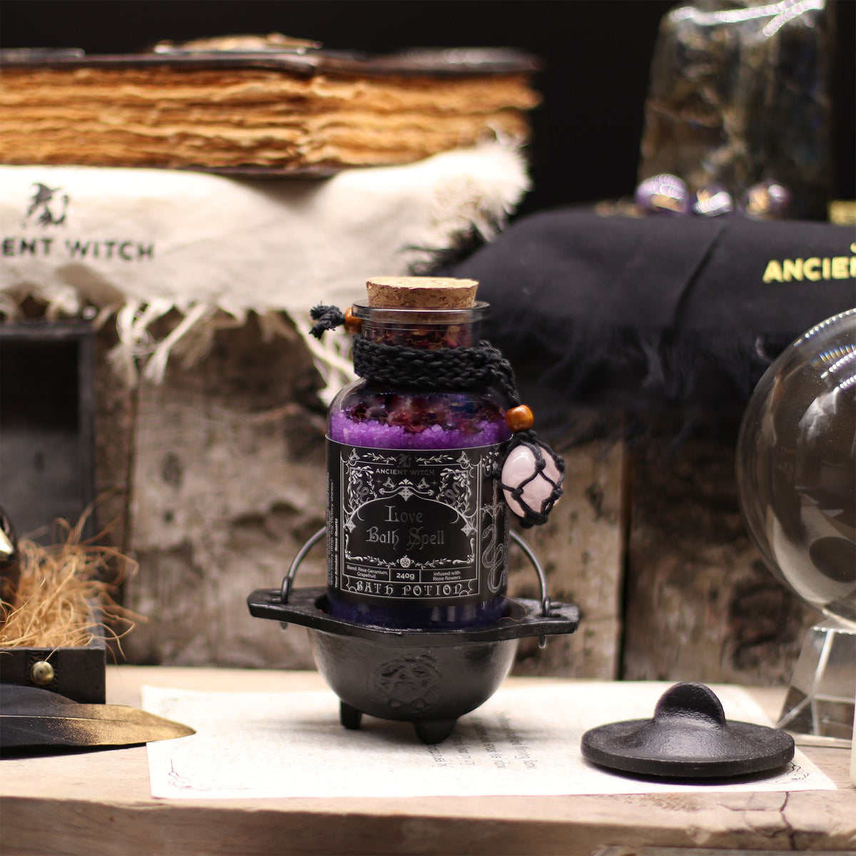 Ancient Witch Bath Spell Potion & Rose Quartz Crystal Amulet - Love