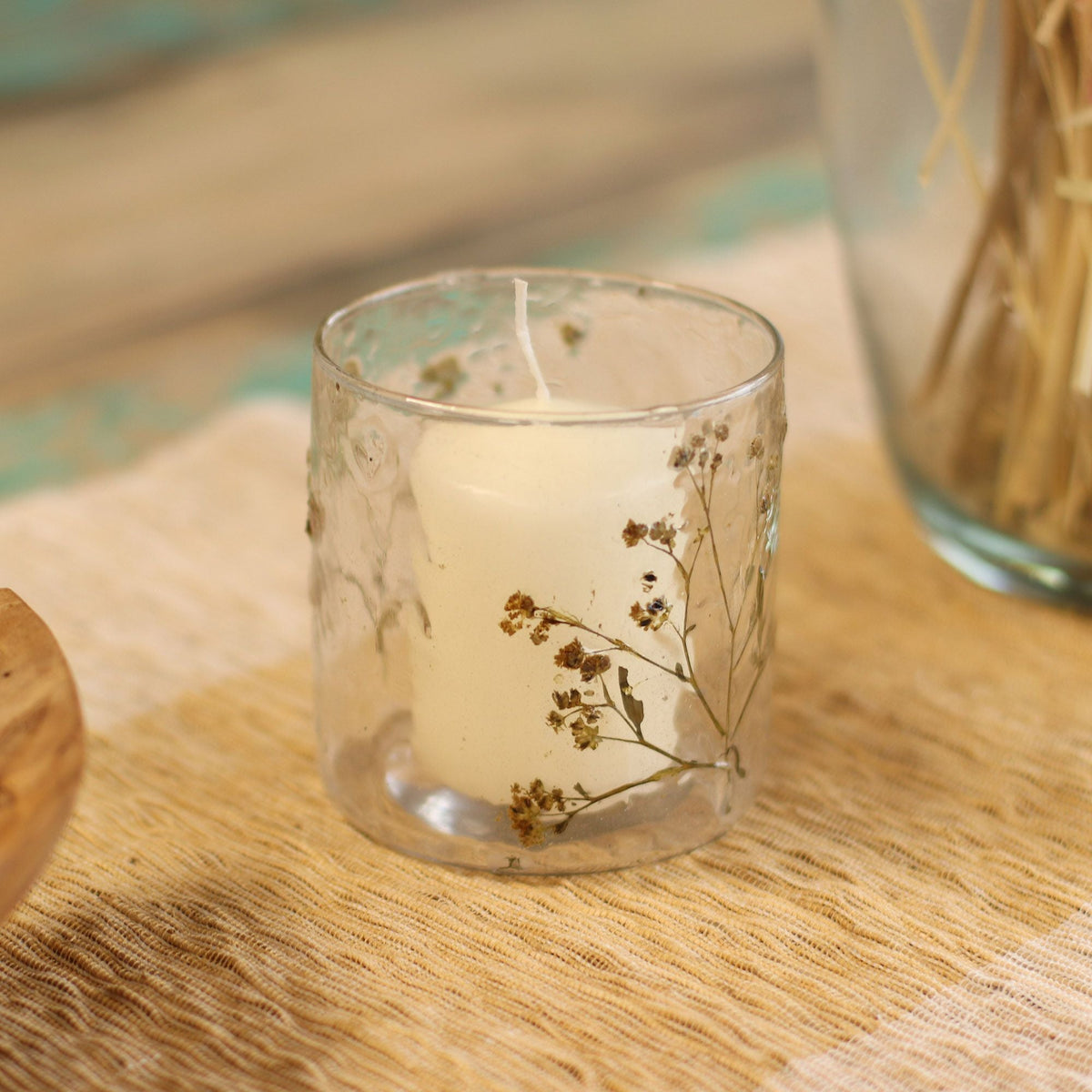 Natural Floral Glass - Straight Candle Holder - Margarita  - (8x8cm)