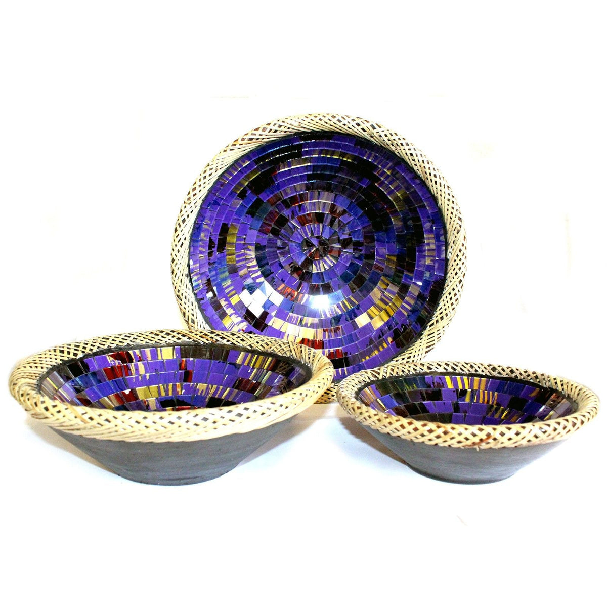Set of Three Rattan Mosaic Bowls - Purple Glow