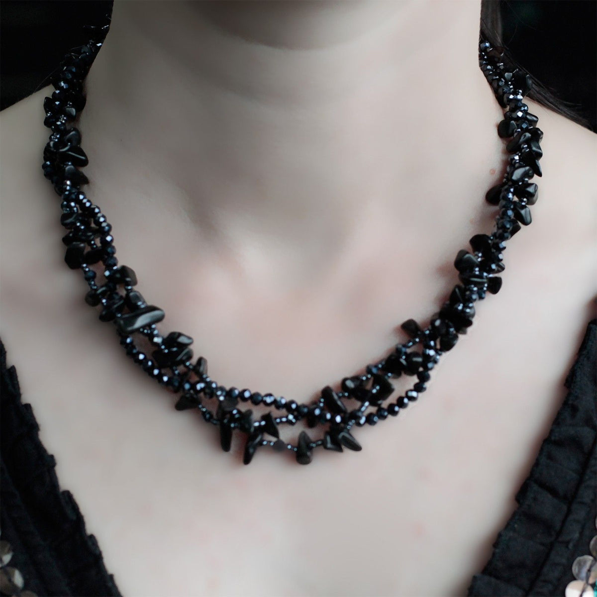 Chipstone & Bead Necklace - Black Agate