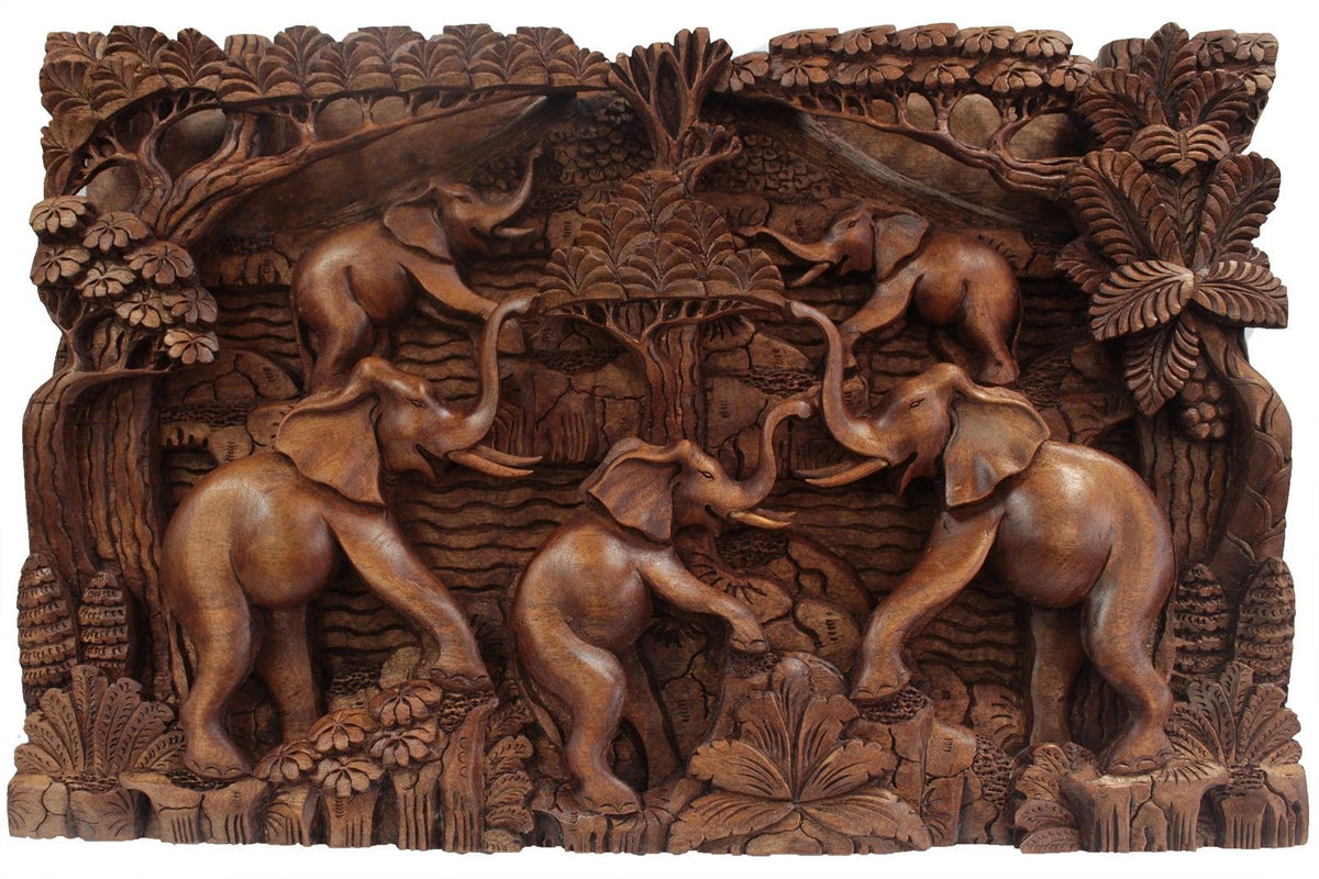 Bali Artisan Panels - Elephants & Volcano