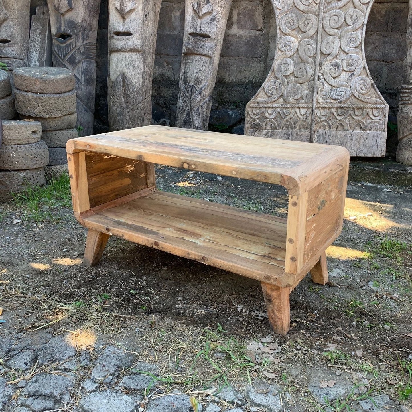Recycled Teak Wood Small Rounded Coffee Table 81x49×41cm