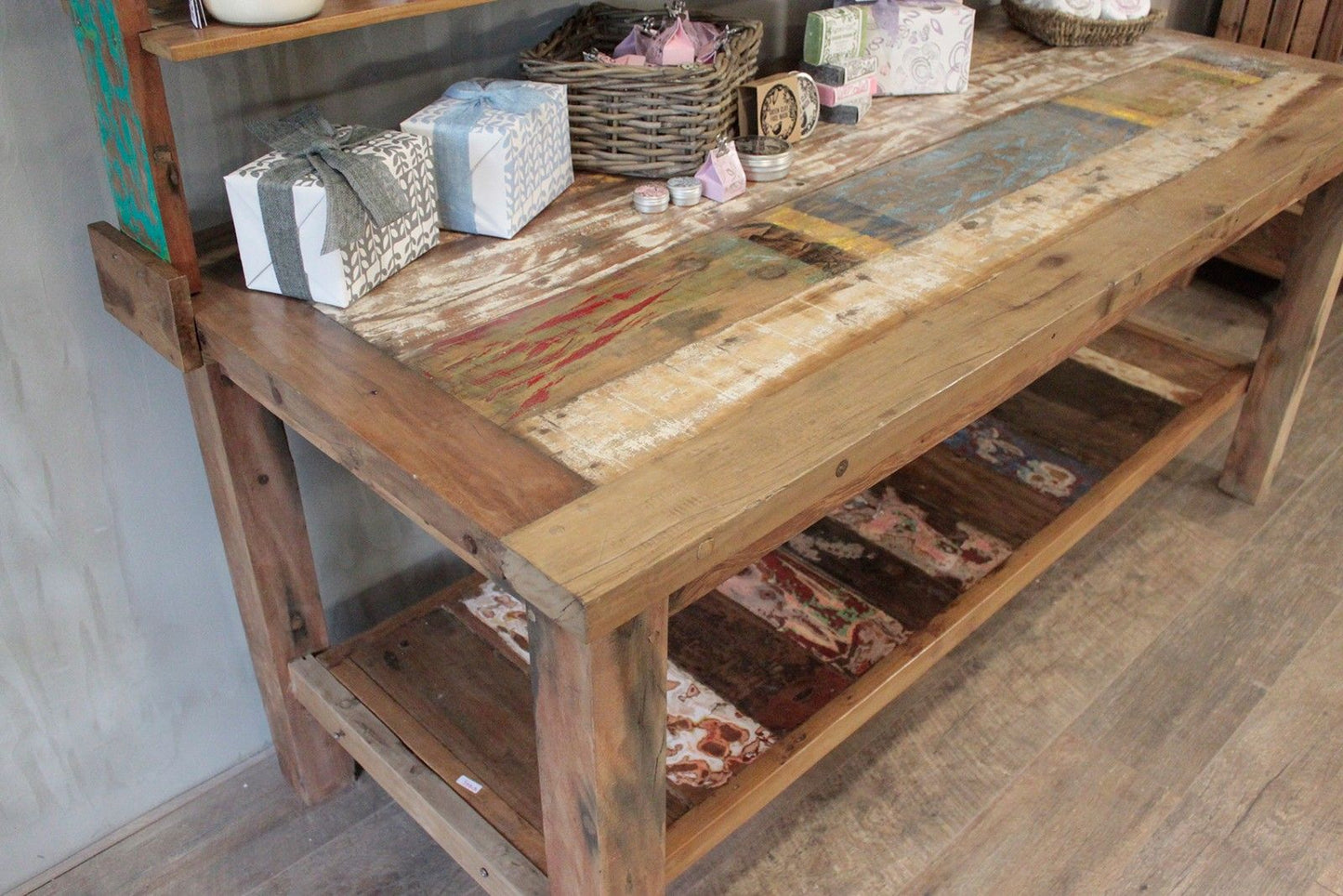 Recycled Teak Wood Dining Table with Top Shelf  180×80x80cm