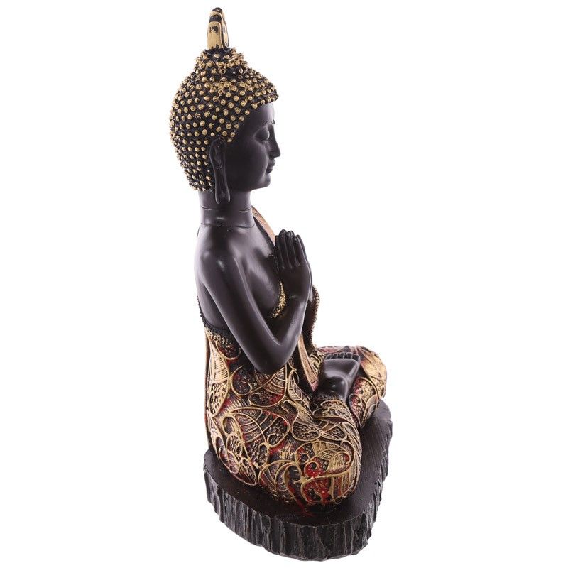 Thai Buddha Sitting On Base - Medium Antique Gold & Red Effect