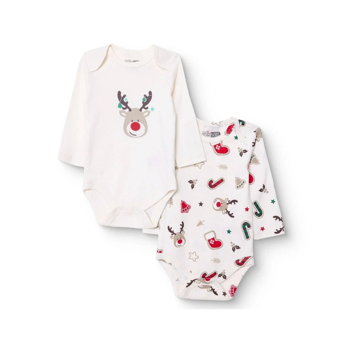 HelloBaby 2 Pack Festive Print Long Sleeve Baby Bodysuits (1-3 Months to 2-3 Years)