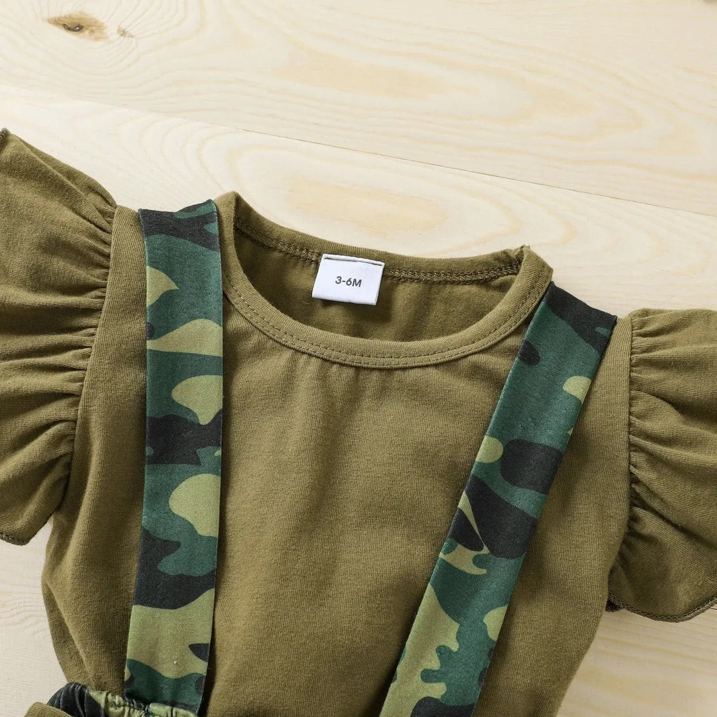 Baby Girls 3-Piece Camo Outfit Set with Sleeveless Romper, Suspender Shorts, and Bow Headband