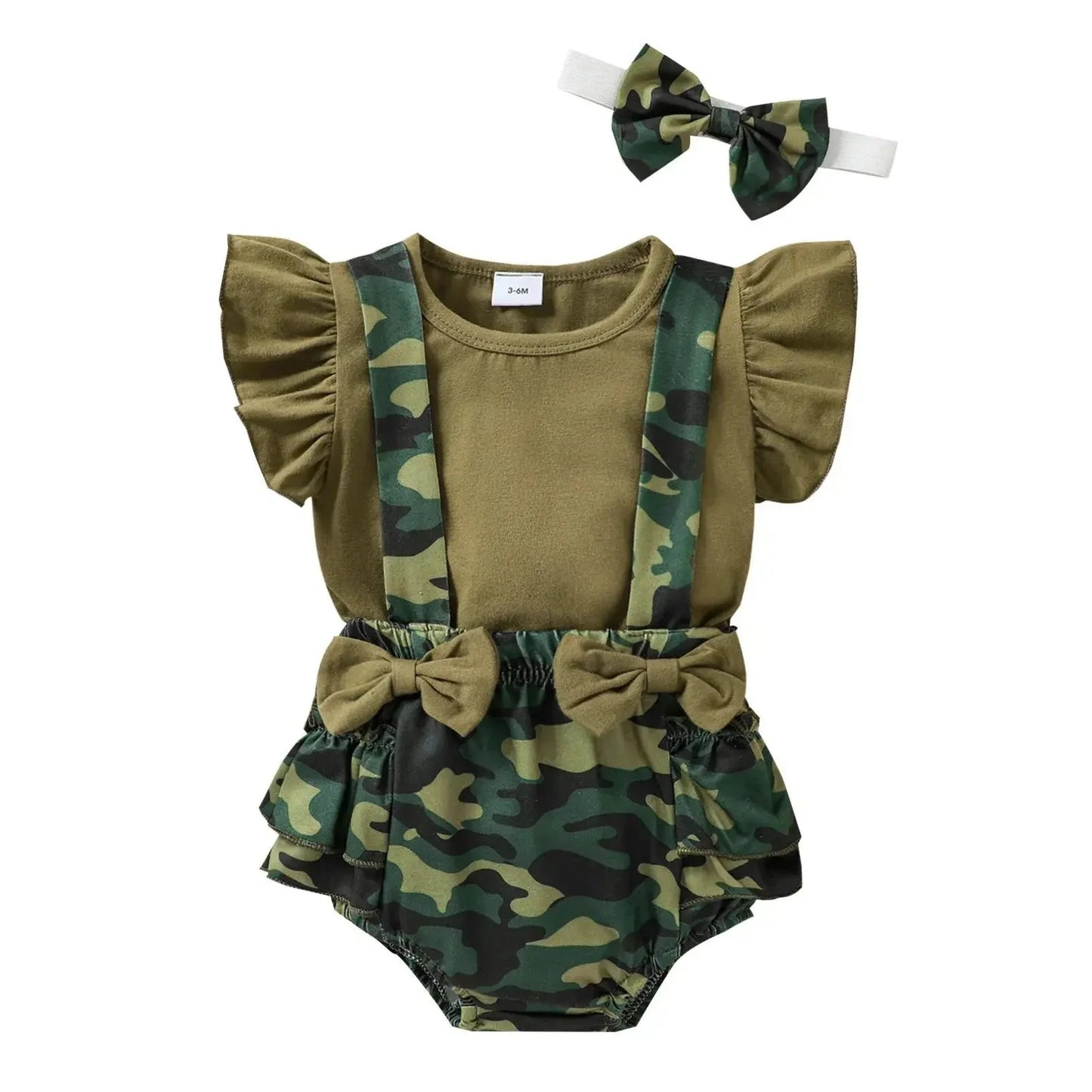 Baby Girls 3-Piece Camo Outfit Set with Sleeveless Romper, Suspender Shorts, and Bow Headband