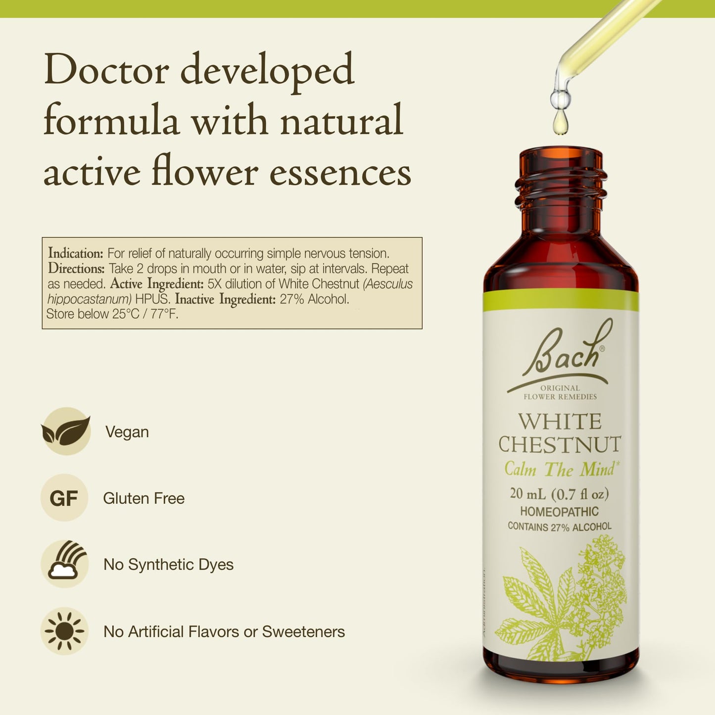 Bach Original Flower Remedies White Chestnut – Calm the Mind, 20 mL Dropper – Vegan, Gluten Free, Sugar Free