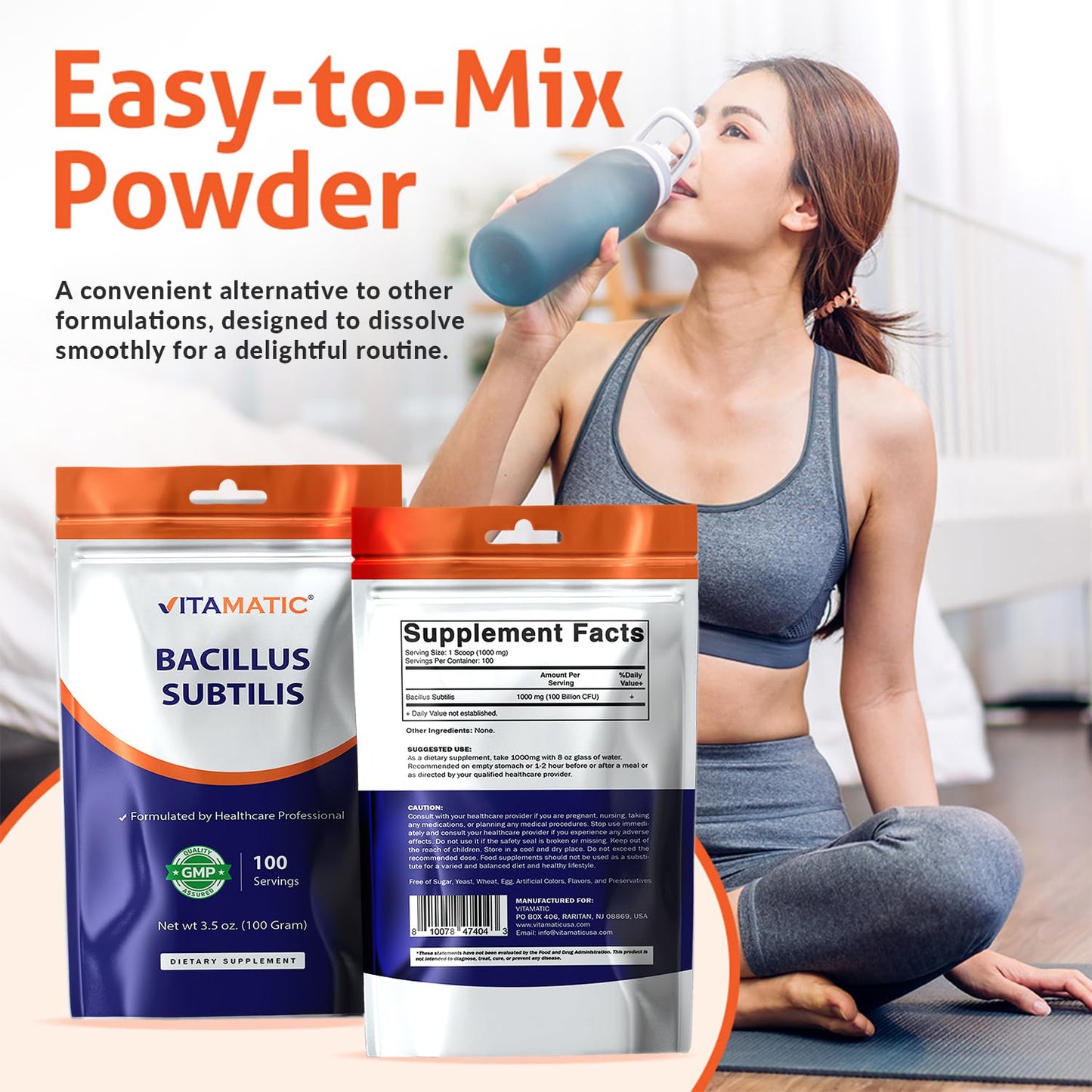 Vitamatic Bacillus Subtilis Probiotic Powder – 100 Billion per Serving, 100 g