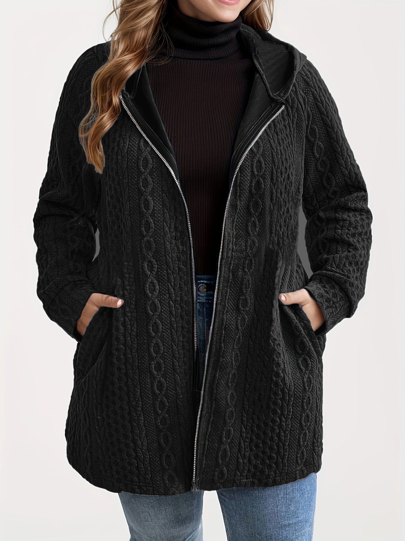 Women's Solid-Color Wavy-Pattern Patchwork Hooded Coat With Pockets