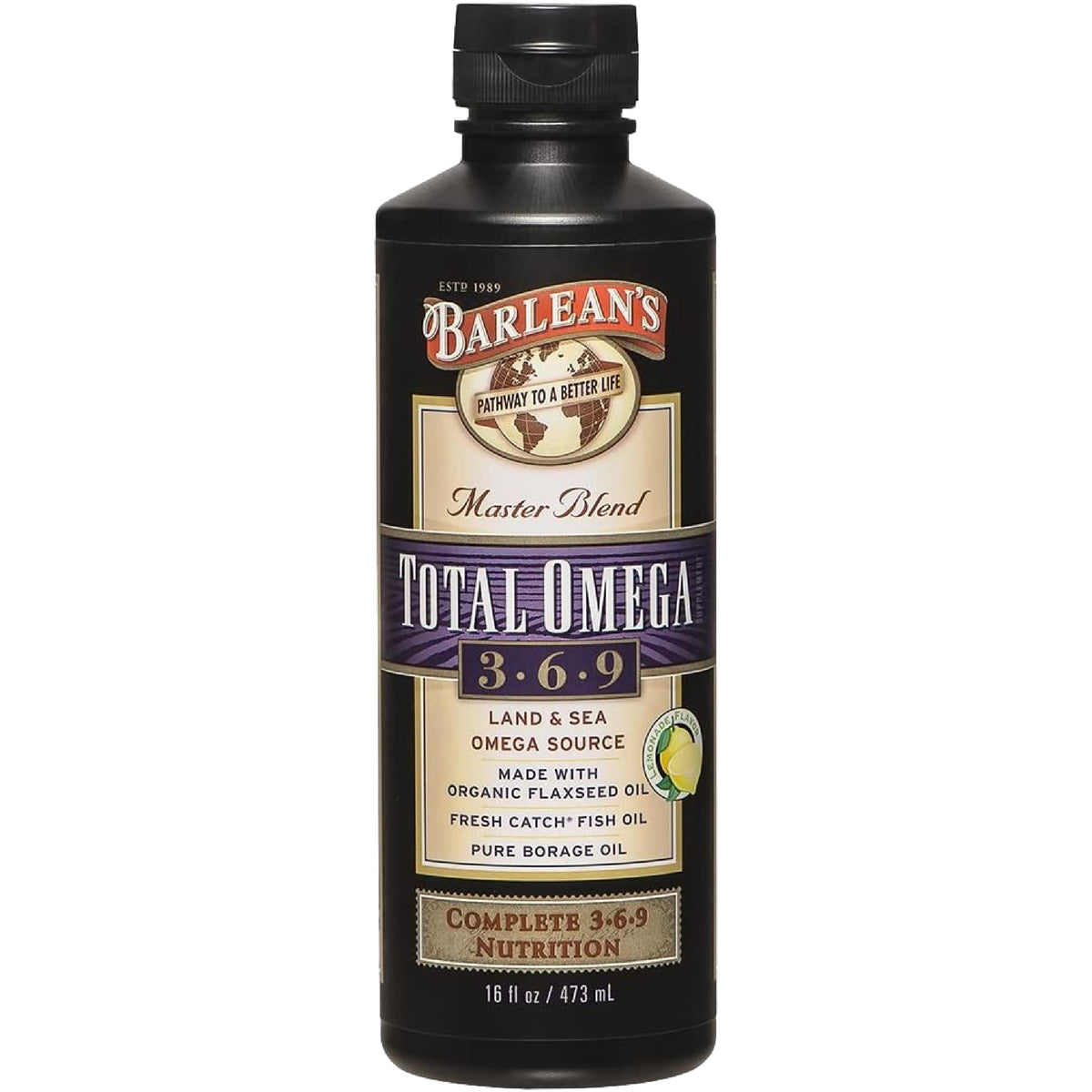 Barlean's Total Omega 3 6 9 Liquid – Lemon Flavor, 16 oz | 6,468 mg Omegas