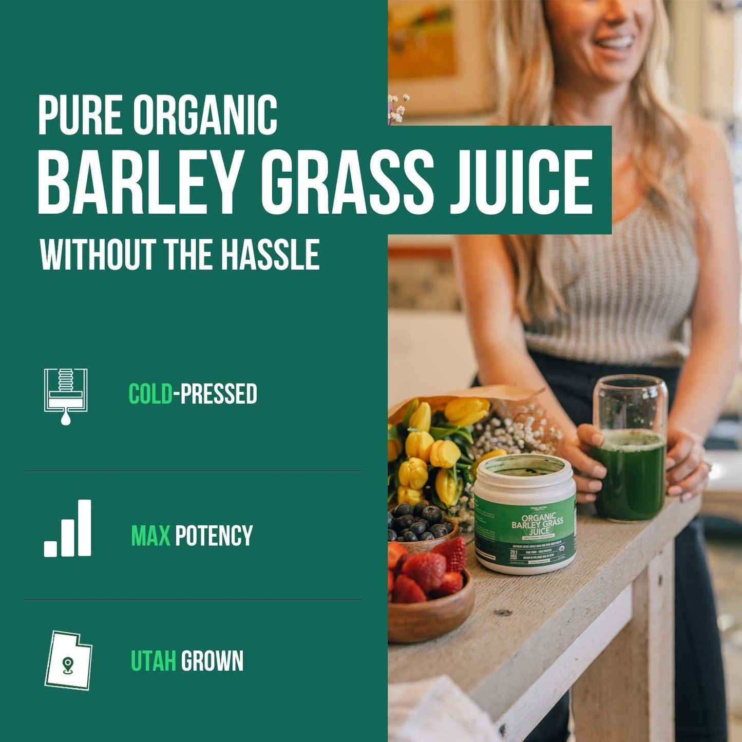 Organic Barley Grass Juice Powder – Utah Volcanic Soil, Raw & BioActive, Cold-Pressed CO2 Dried, Gluten Free, GMO Free, Vegan – 5.3 oz