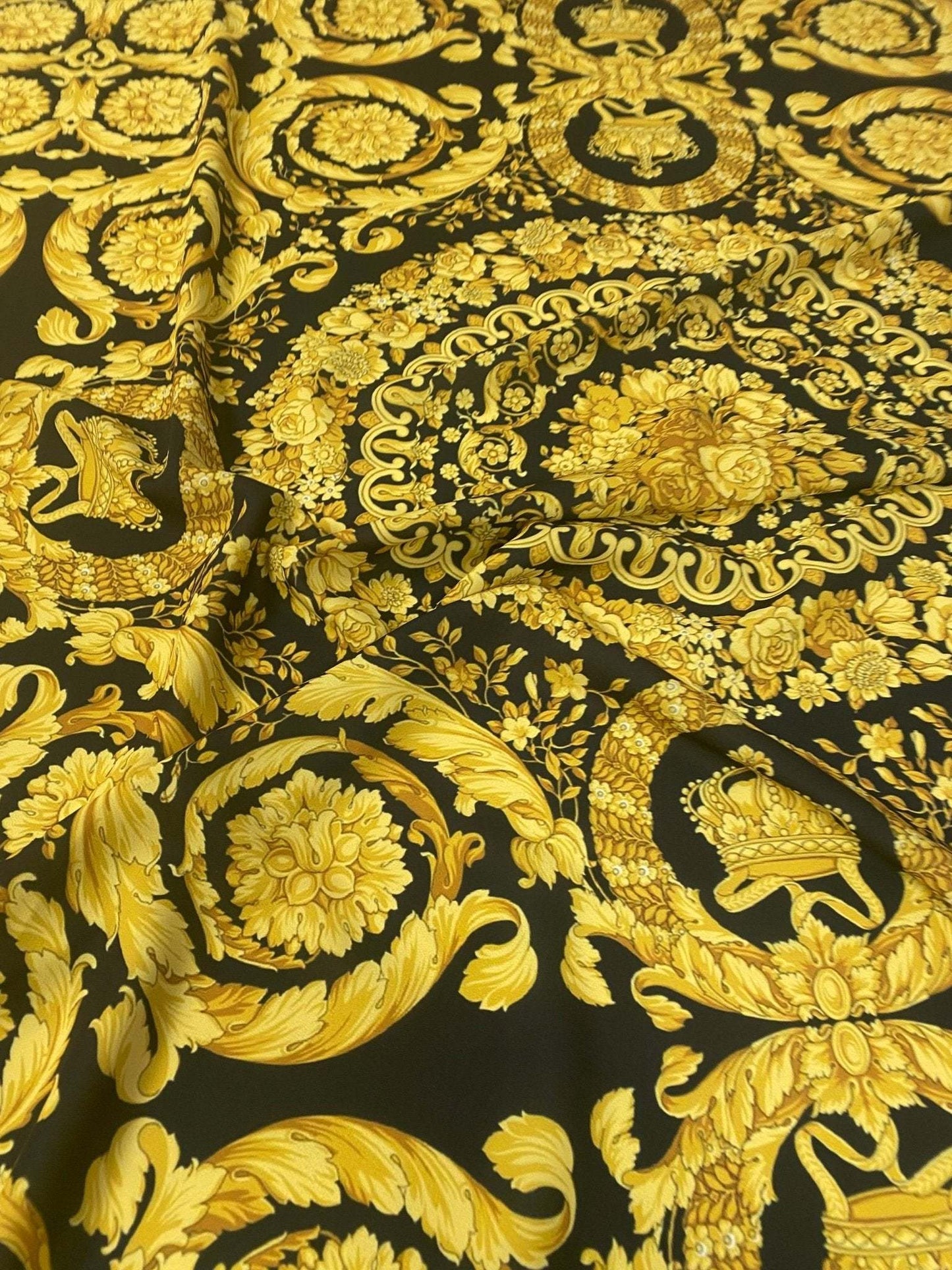 Gold Baroque Medallion Scroll Black Fabric by the Metre