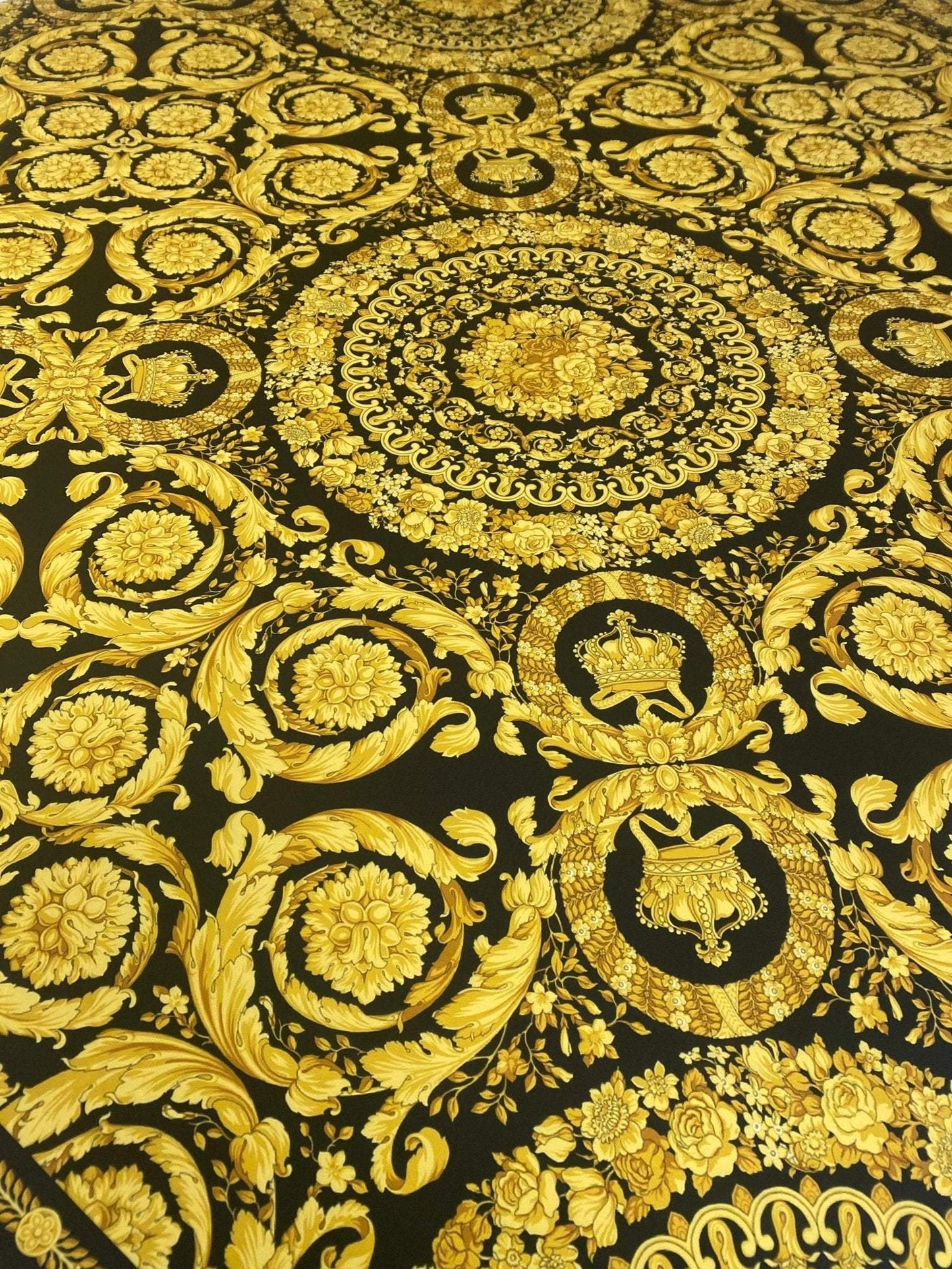 Baroque Black and Gold Upholstery Fabric – Fabric by Metre, Options: Satin, Crepe, Spandex, Chiffon
