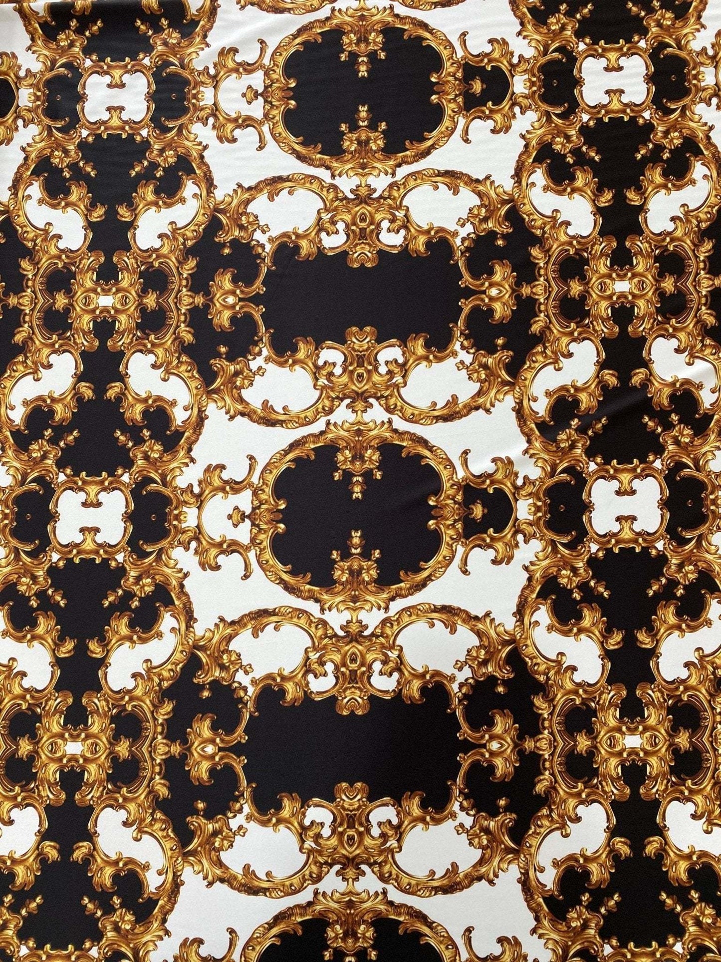 Baroque Black White Gold Patterned Fabric