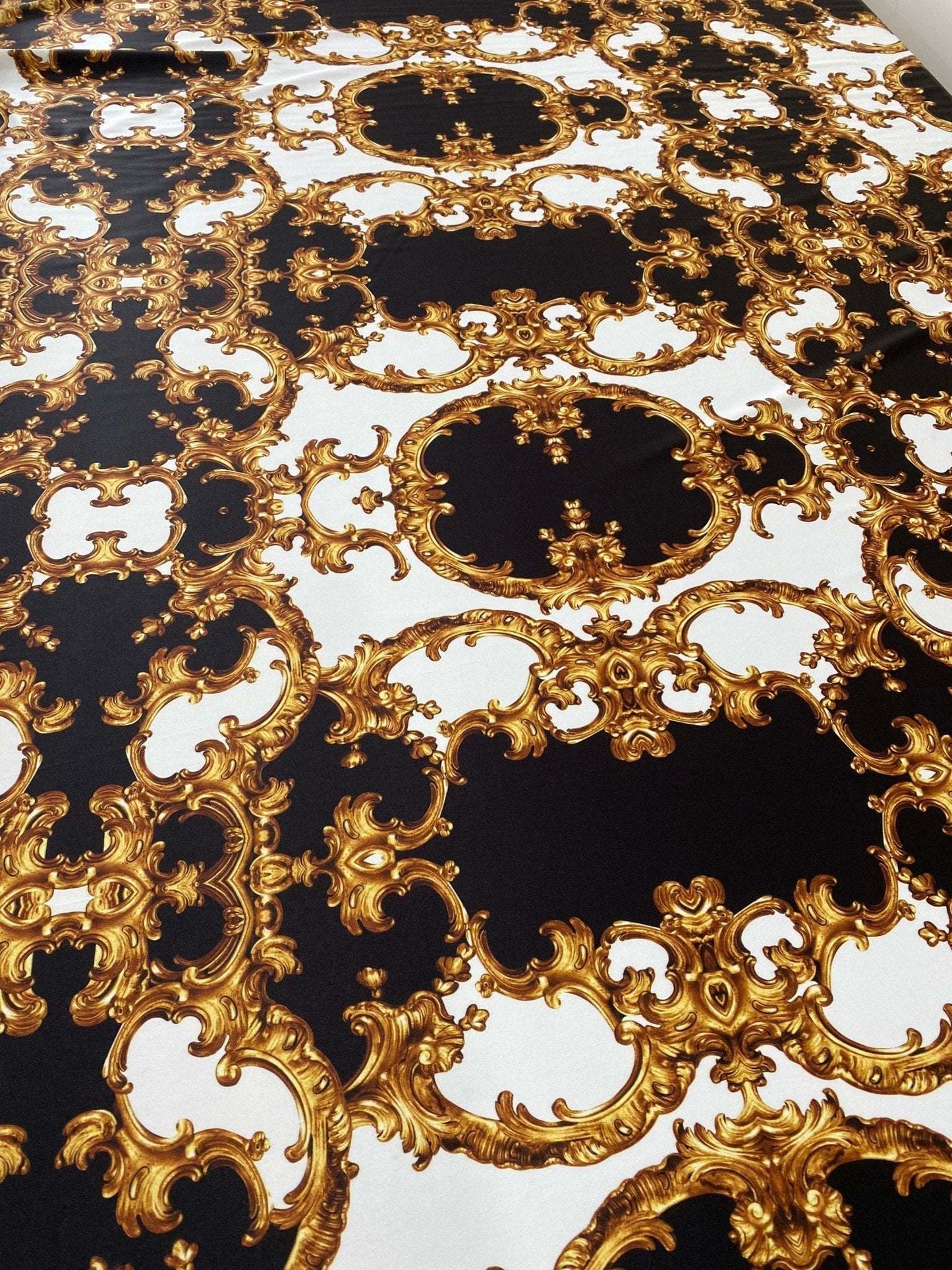 Baroque Black White Gold Patterned Fabric