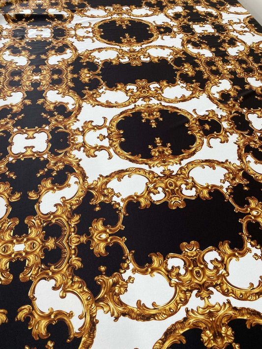 Baroque Black White Gold Patterned Fabric