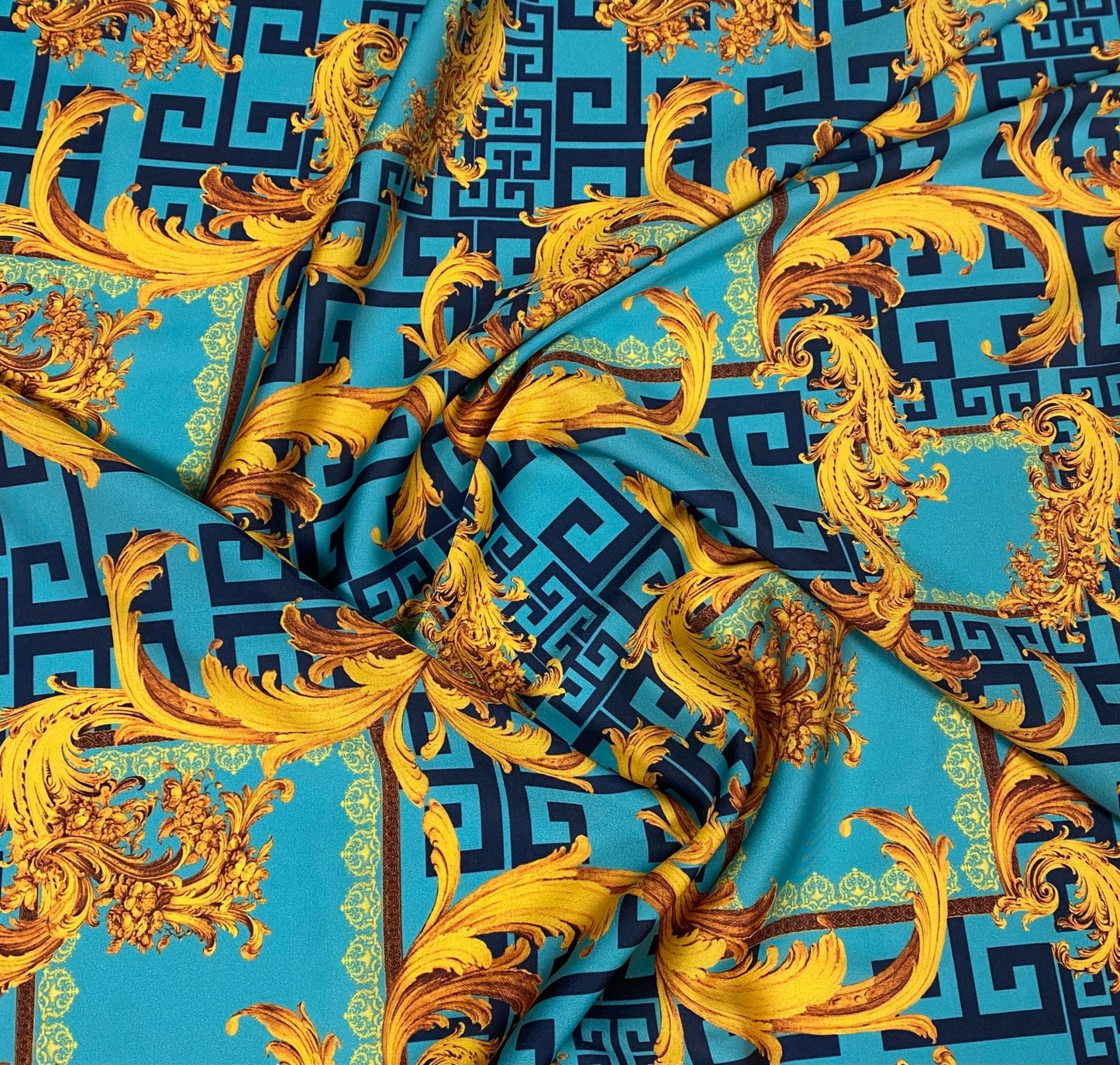 Baroque Blue & Gold Fabric – Ornate Italian Style Print by the Metre