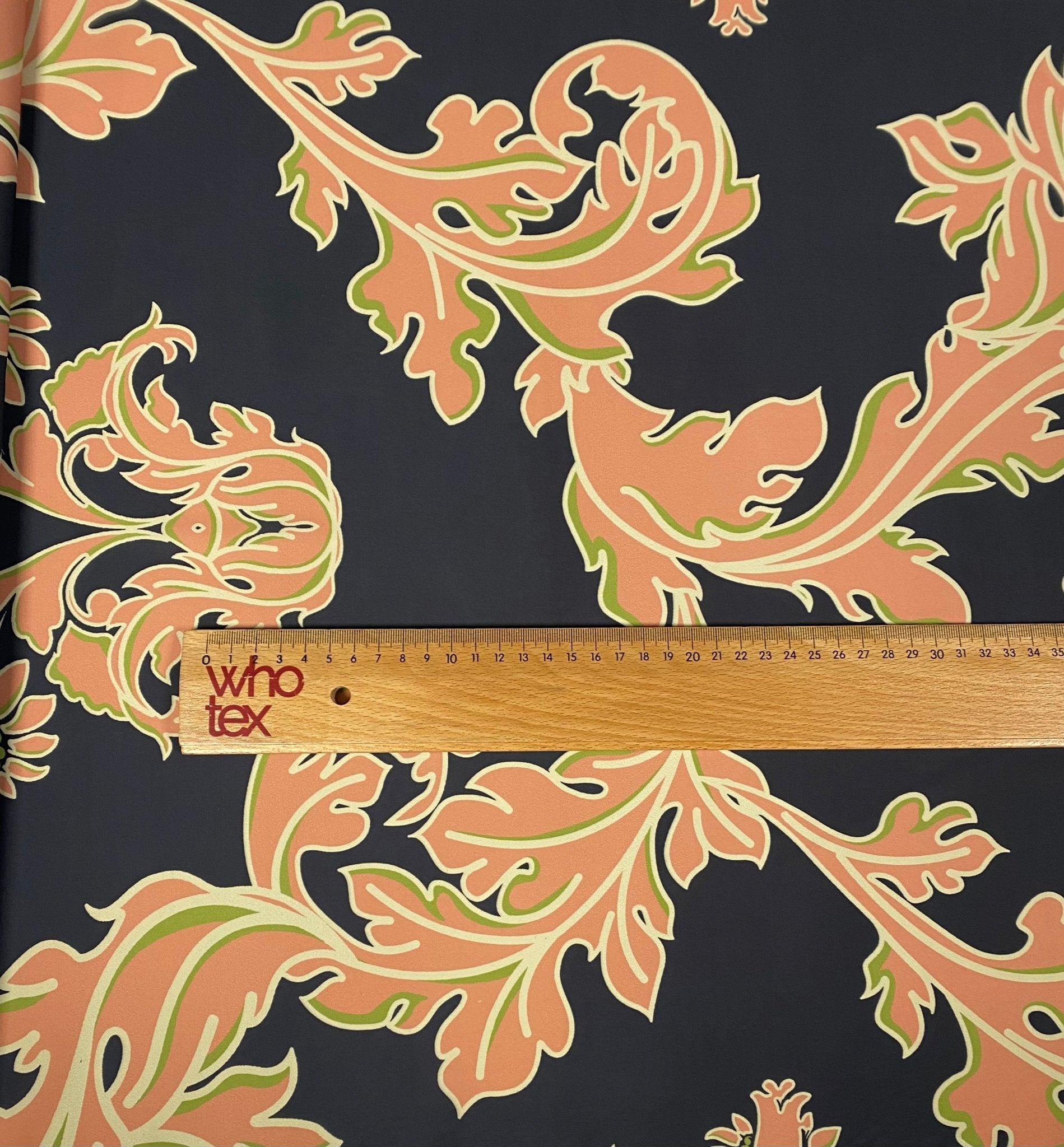 Baroque Floral Crepe Fabric by the Metre – Black Peach Green Design