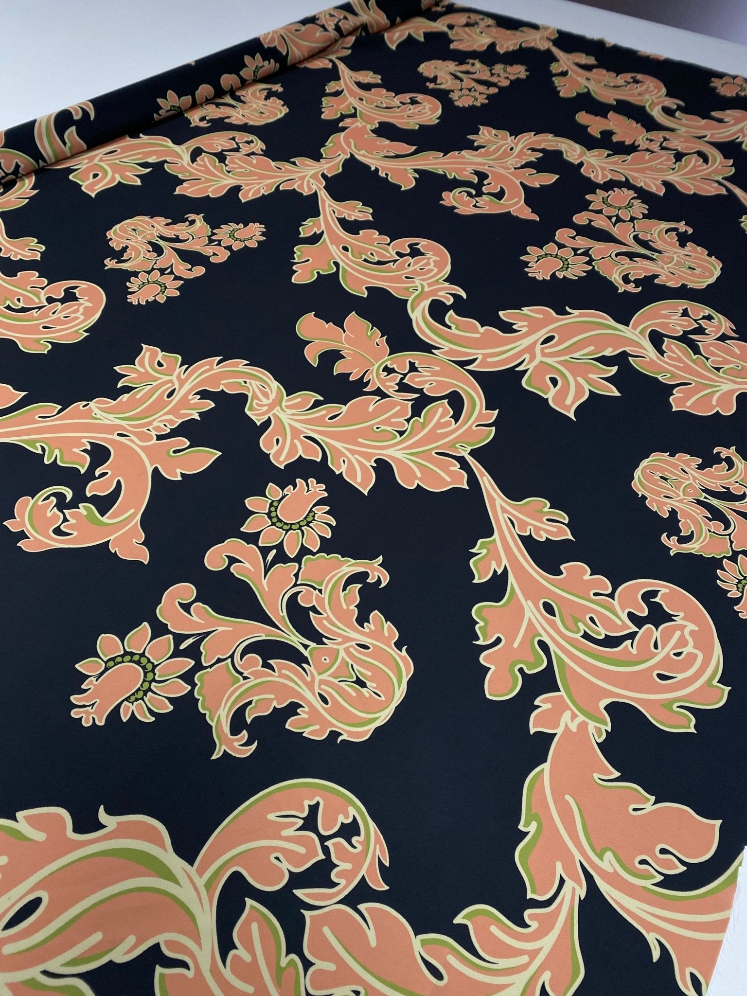 Baroque Floral Crepe Fabric by the Metre – Black Peach Green Design