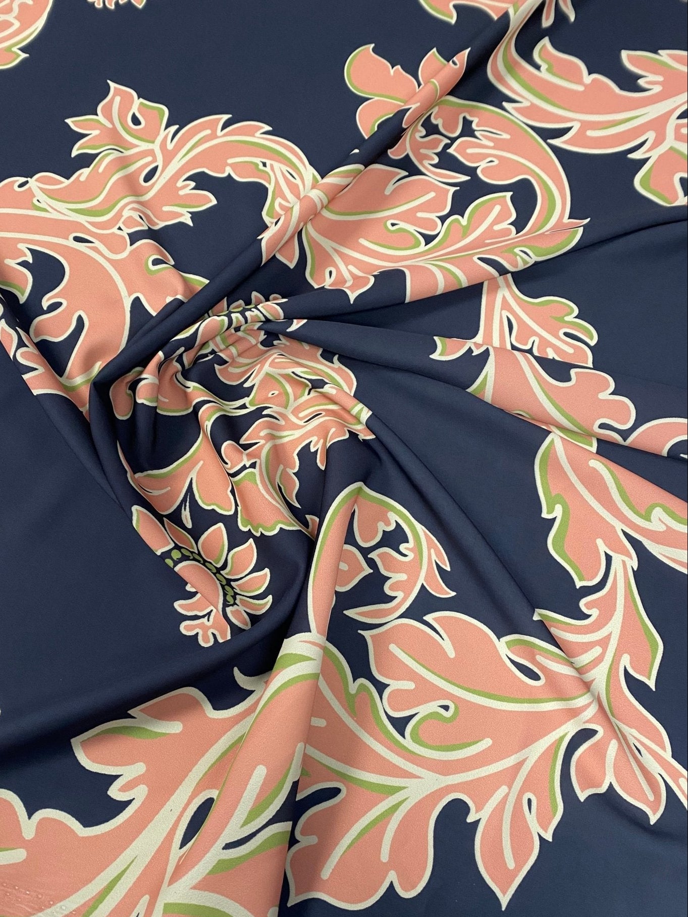 Baroque Floral Crepe Fabric by the Metre – Black Peach Green Design