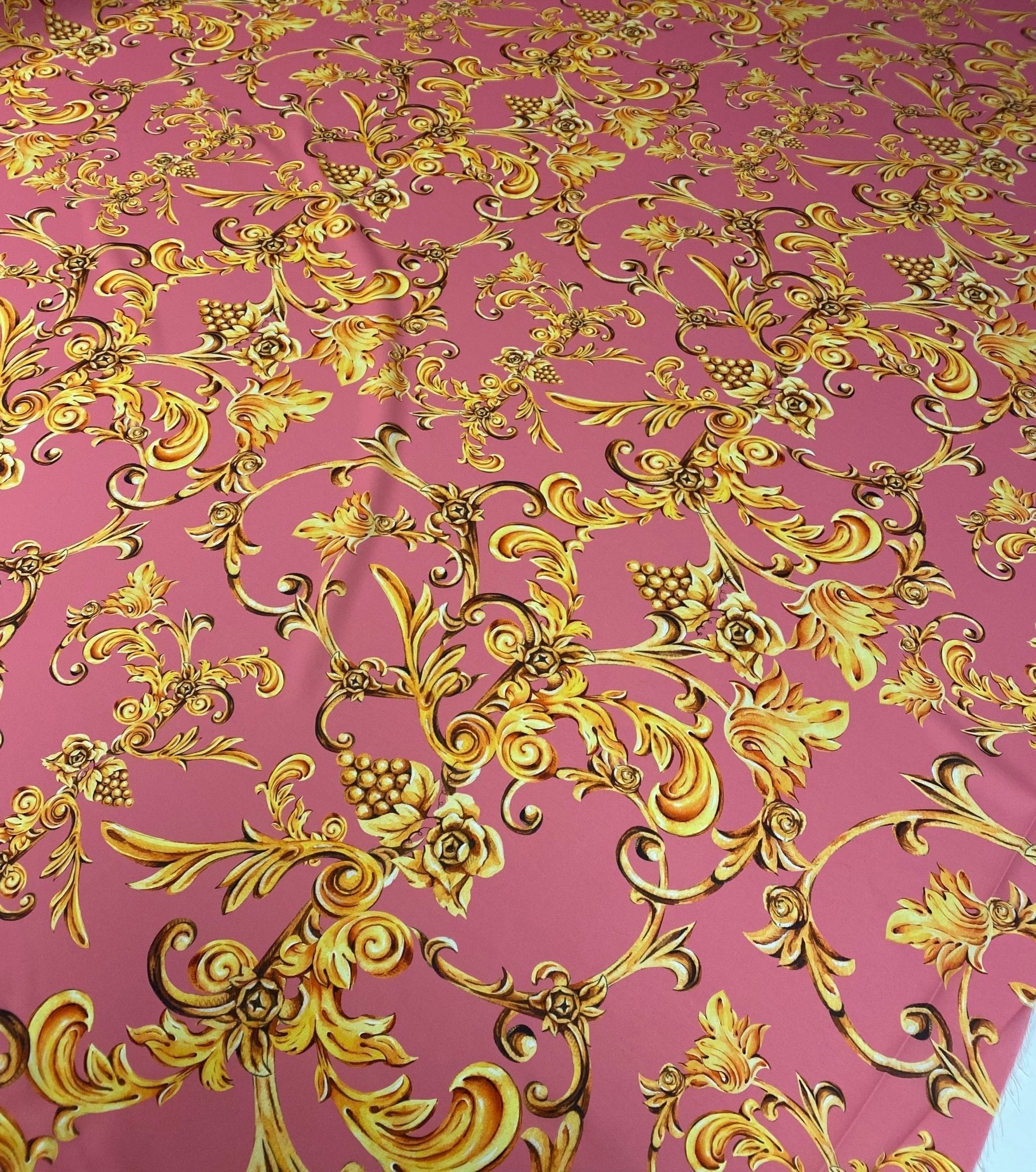 Baroque Floral Crepe Fabric by the Metre – Pink & Gold Luxury Design