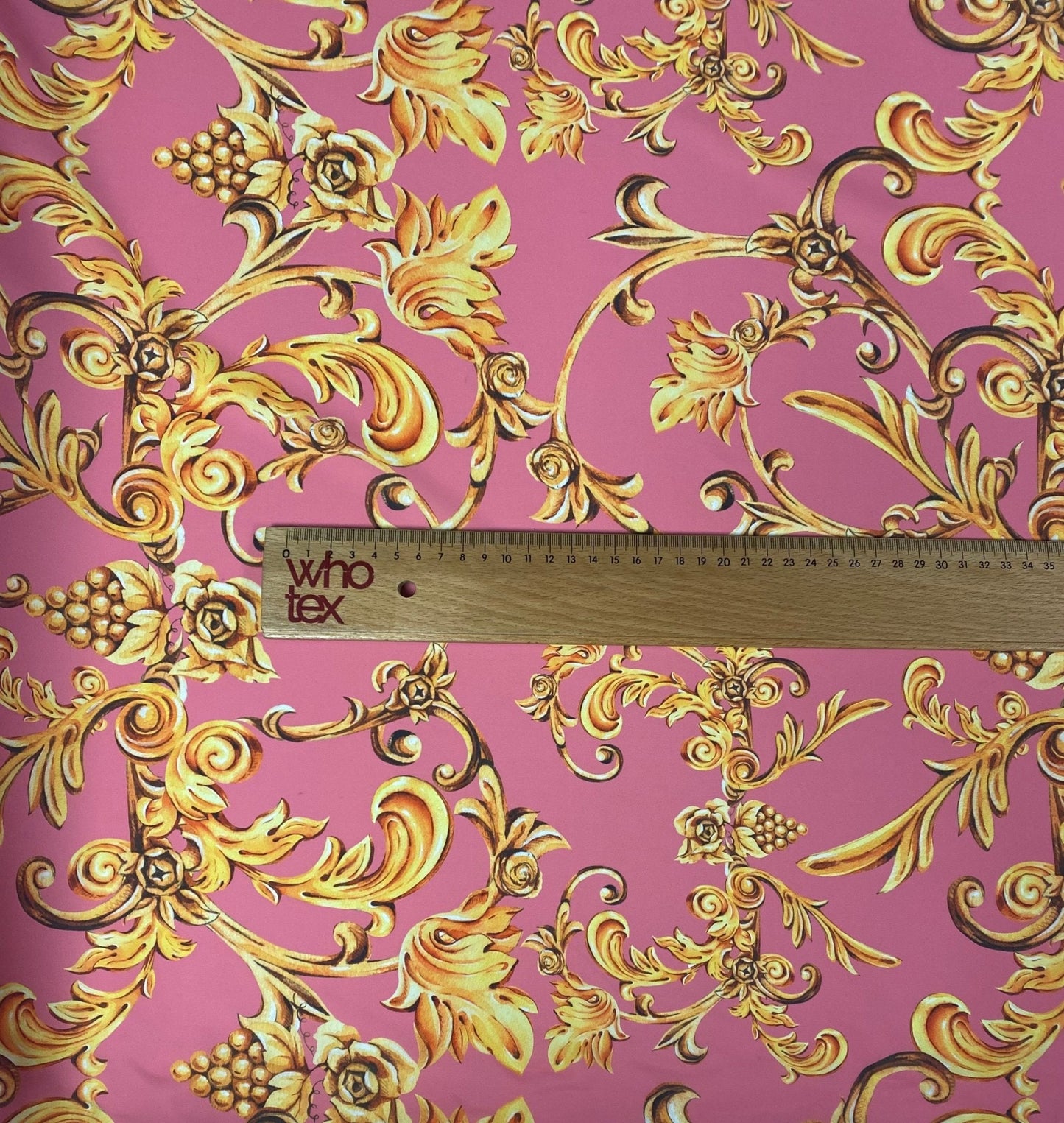 Baroque Floral Crepe Fabric by the Metre – Pink & Gold Luxury Design