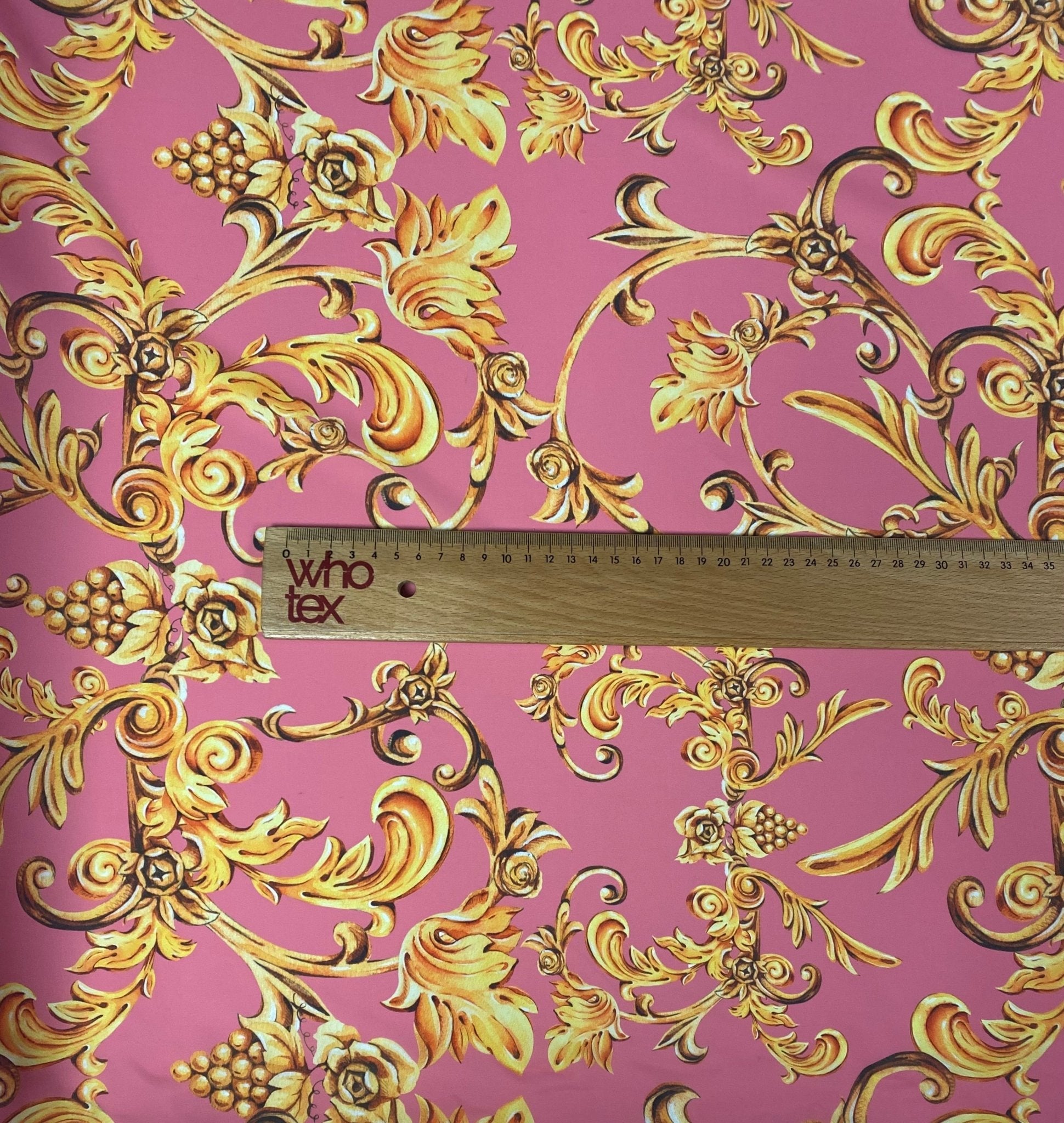 Baroque Floral Crepe Fabric by the Metre – Pink & Gold Luxury Design