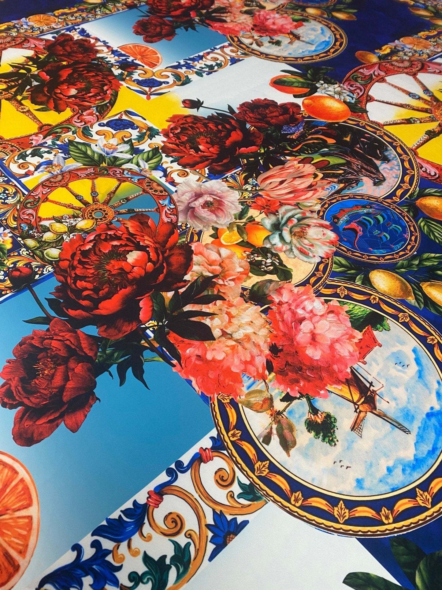 Baroque Floral Print Fabric With Colorful Mediterranean Motifs – Available in Satin, Crepe, Spandex & Chiffon | By Metre
