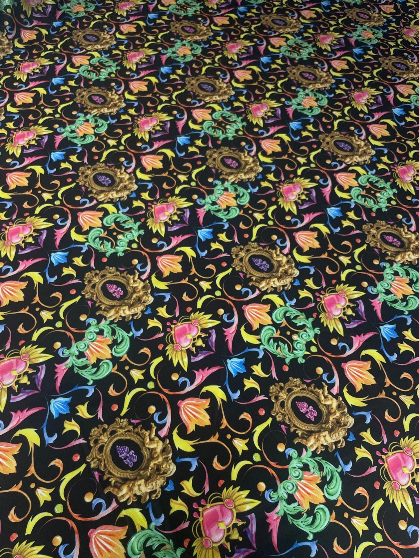 Baroque Floral Lycra Stretch Fabric with Gold Motifs