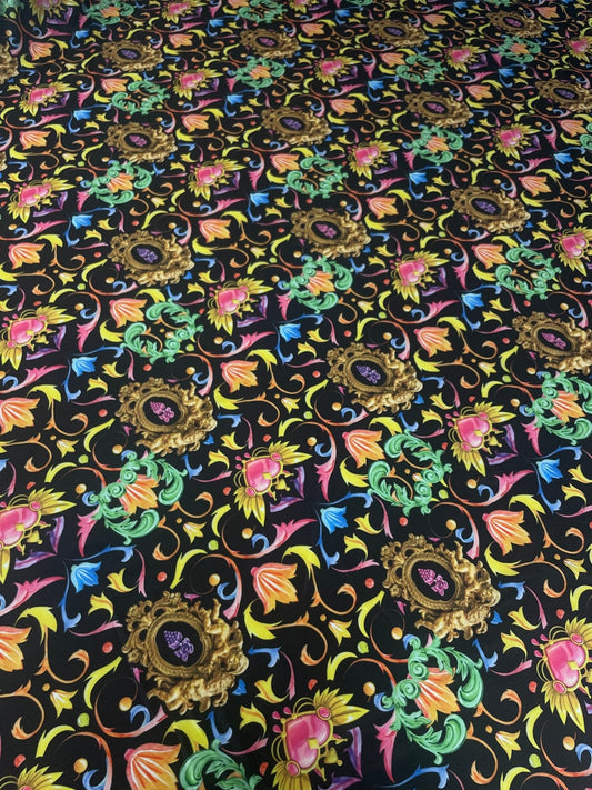 Baroque Floral Spandex Fabric with Gold Motifs