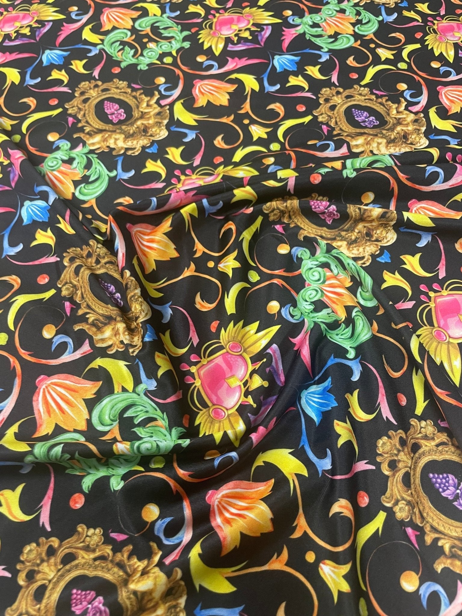 Baroque Floral Spandex Fabric with Gold Motifs