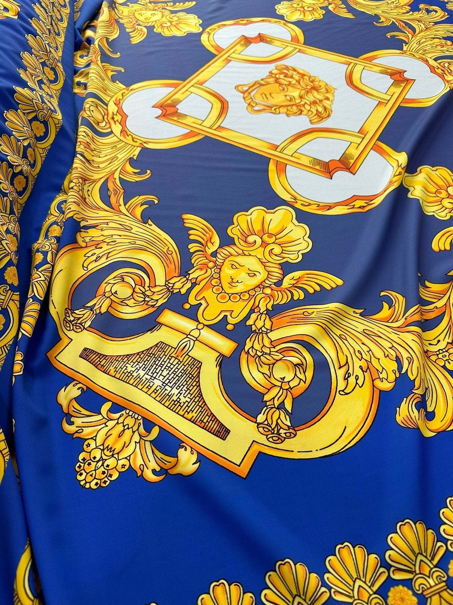 Baroque Gold Pattern Fabric on Royal Blue Background Fabric by Metre