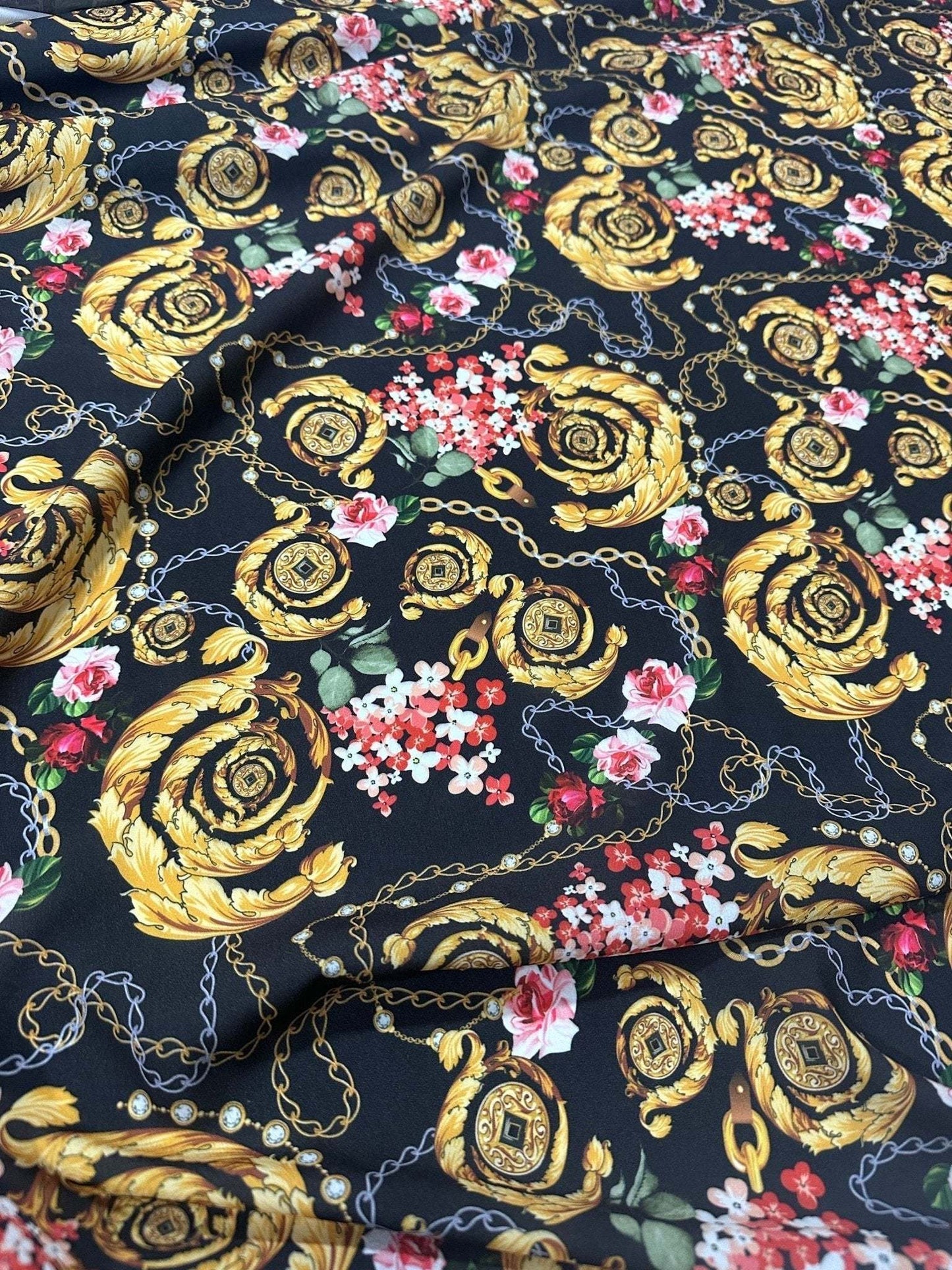 Baroque Floral Chain Fabric – Custom Printed Fabric on Satin, Crepe, Spandex or Chiffon