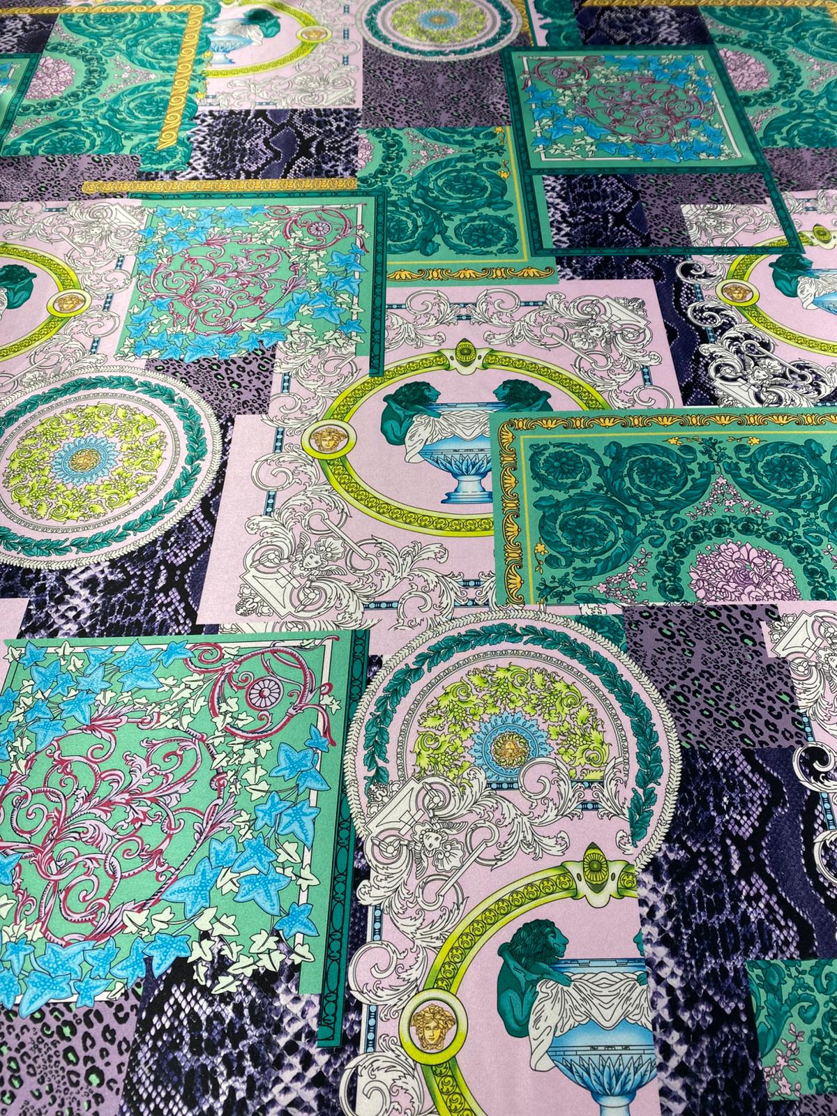 Baroque Pattern Fabric Green Borders and Soft Color Palette Fabric by Metre