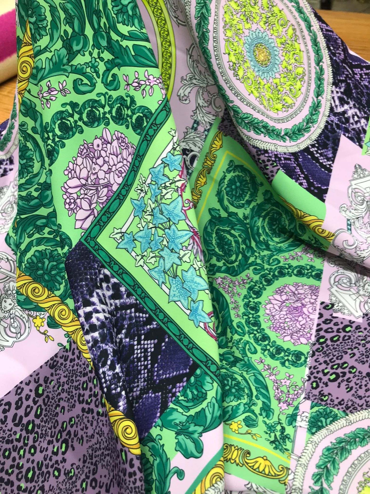 Baroque Pattern Fabric Green Borders and Soft Color Palette – Fabric by Metre, Options: Satin, Crepe, Spandex, Chiffon