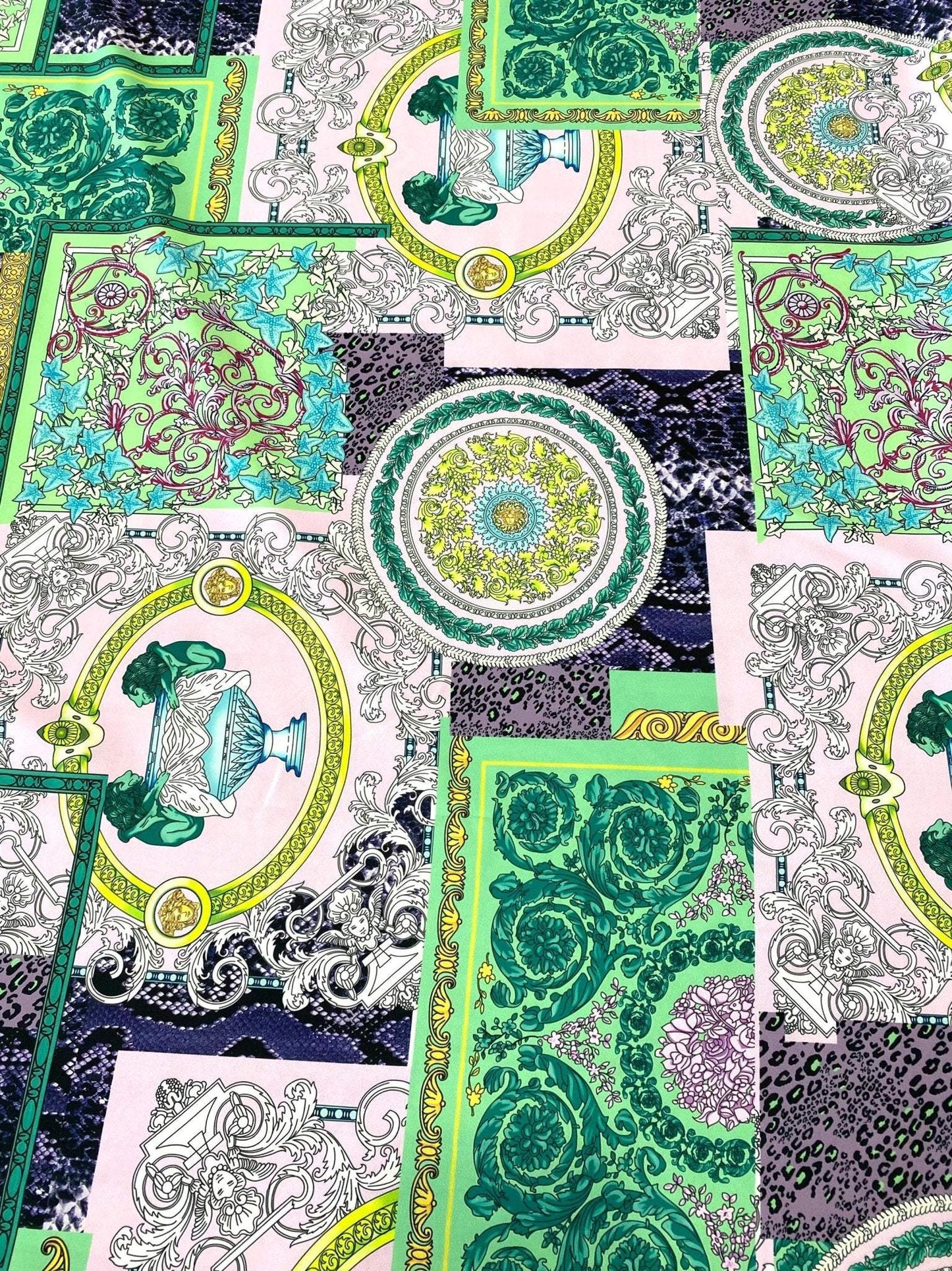 Baroque Pattern Fabric Green Borders and Soft Color Palette – Fabric by Metre, Options: Satin, Crepe, Spandex, Chiffon