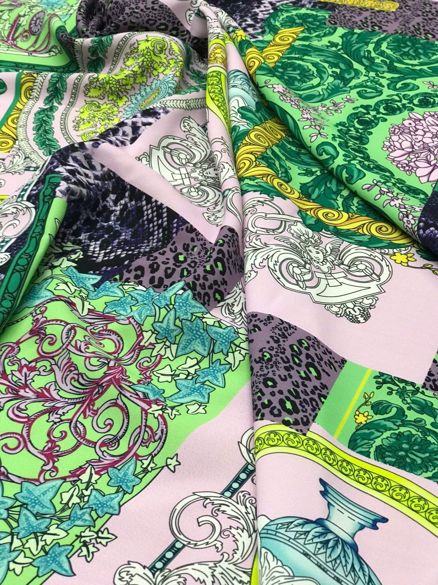 Baroque Pattern Fabric Green Borders and Soft Color Palette – Fabric by Metre, Options: Satin, Crepe, Spandex, Chiffon