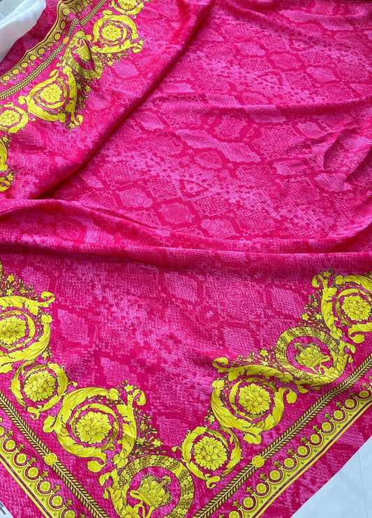 Baroque Pink Satin Fabric – Fabric by Metre, Options: Satin, Crepe, Spandex, Chiffon