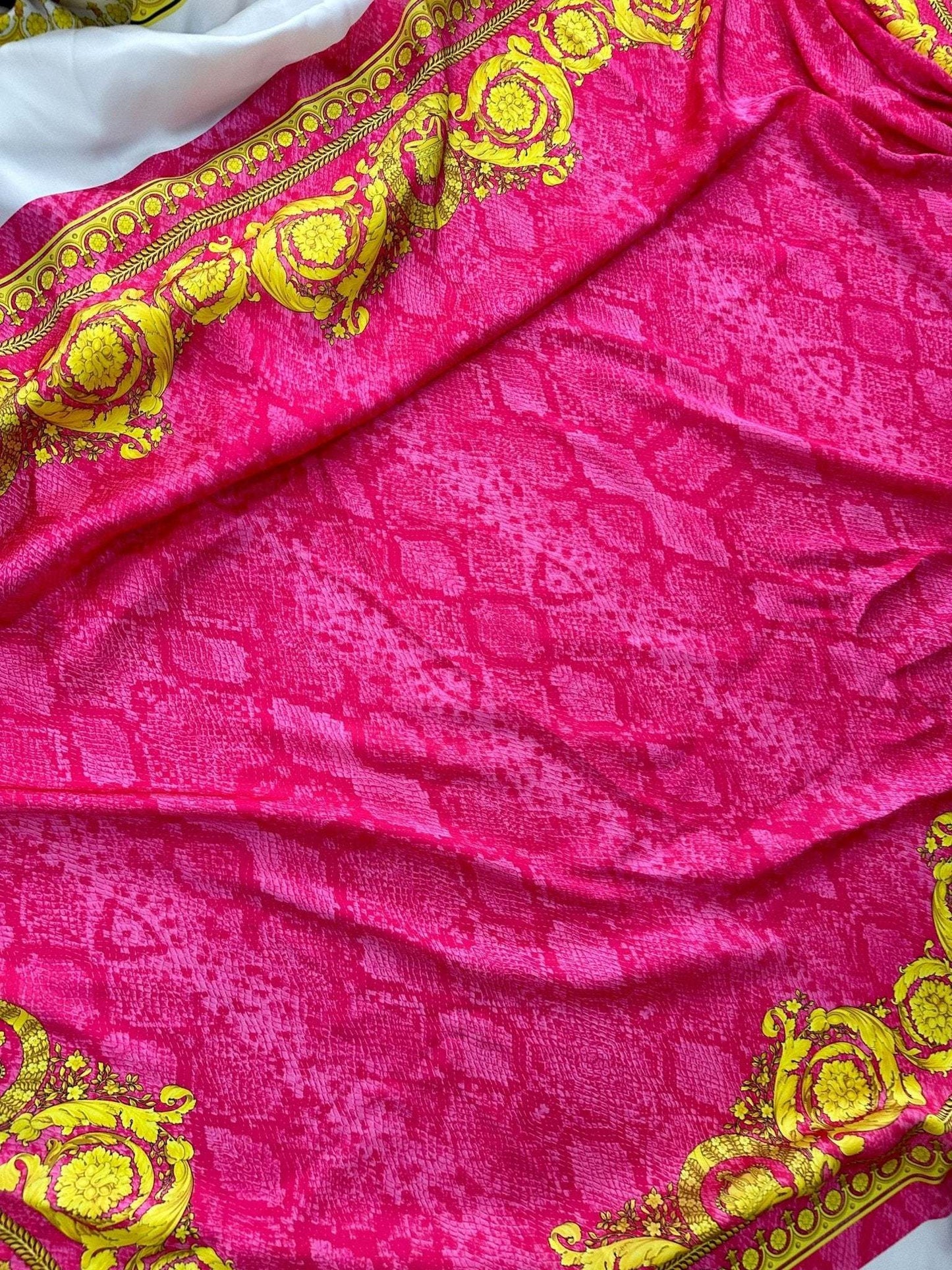 Baroque Pink Satin Fabric – Fabric by Metre, Options: Satin, Crepe, Spandex, Chiffon