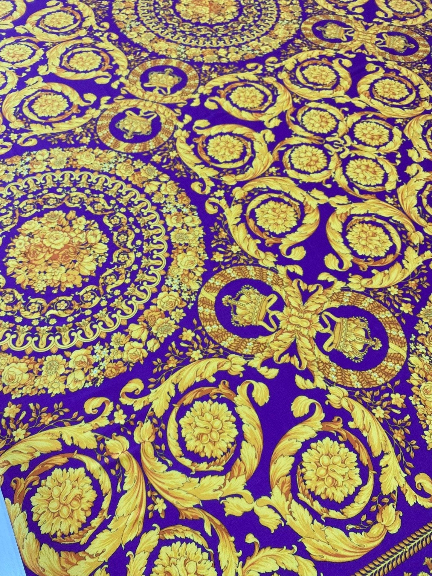 Gold Baroque Medallion Scroll Purple Fabric by the Metre