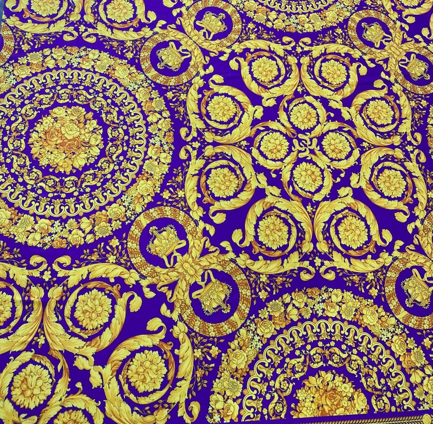 Gold Baroque Medallion Scroll Purple Fabric by the Metre