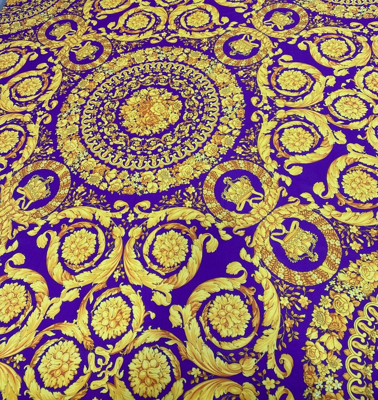 Gold Baroque Medallion Scroll Purple Fabric by the Metre
